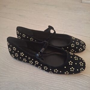 Larroude Black Flats with Gold Studs